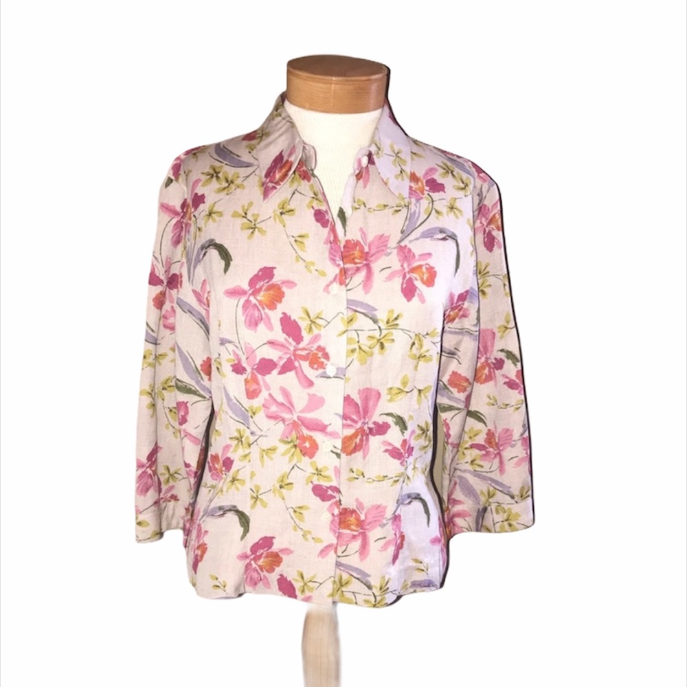 Vintage British Khaki Floral button down shirt 10 linen Cottagecore